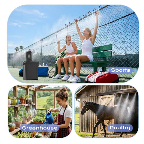 Ultra Fine Misting System With 15000mAh Rechargeable Pump And 33Ft Hose cooling athletes, plants, and livestock