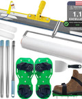 Self Leveling Concrete Tools Spiked Roller With 63in Telescopic Pole For Epoxy Resin And Concrete Floors, Boost Job Speed And Precision, Slash Labor Time In Half With A Pro Grade Kit. Kit shown with spike roller, pole, shoes, and scraper.
