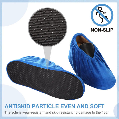 Close-up of blue 11 Pairs Reusable Indoor Shoe Covers Non Slip Cloth Washable Thickened Bowling Shoe Covers with slip resistant sole.