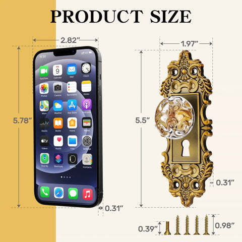 Size comparison of a smartphone with Vintage Crystal Glass Door Knobs Set Of 2 5.5 Inch Height Antique Brass Cabinet Knobs Keyless Decorative Pulls For Hallway Closet Dresser Gold Door Handles shown with measurements and screws.