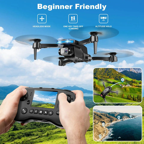 Drone With Camera And Built In Screen On Controller For Beginners, hands holding remote with live view of landscape
