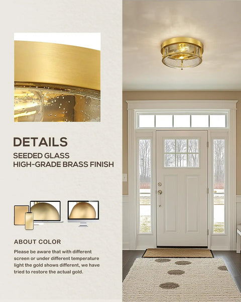 12 Inch Flush Mount Ceiling Light Fixture With Two Lights, Brass Gold Finish And Seeded Glass in a modern entryway setting