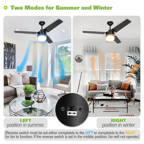 42 Inch Ceiling Fan With Lights, Remote Control, Quiet Reversible Motor, E26 Base, Black Finish in summer and winter mode