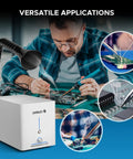 60W Fume Extractor for Laser Engravers With Heavy Duty Two Stage Air Filter System next to person soldering electronics