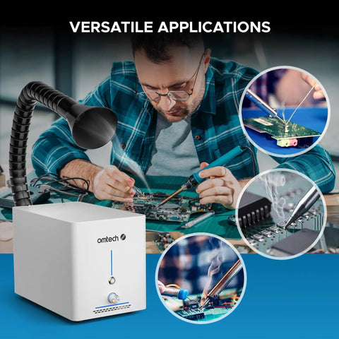 60W Fume Extractor for Laser Engravers With Heavy Duty Two Stage Air Filter System next to person soldering electronics