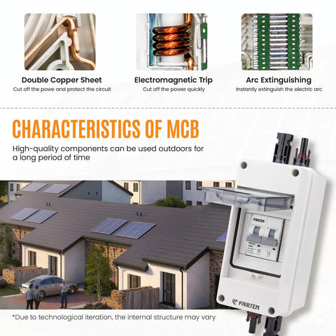 Diagram showing features of Solar Panel Disconnect Switch 1000V 60A PV Breaker Box Outdoor Enclosure For Solar PV Panels Home Battery Storage.