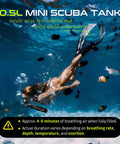 Person snorkeling with 0.5L Mini Scuba Tank Portable Backup Air for Snorkeling and Training in clear water surrounded by fish.
