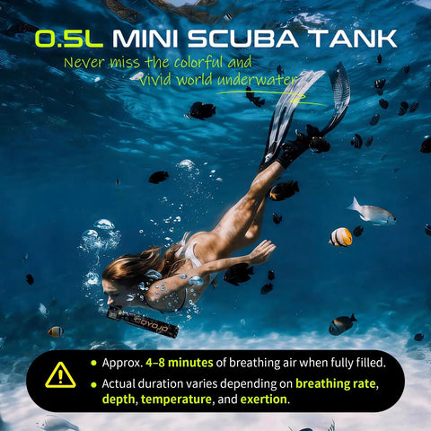 Person snorkeling with 0.5L Mini Scuba Tank Portable Backup Air for Snorkeling and Training in clear water surrounded by fish.