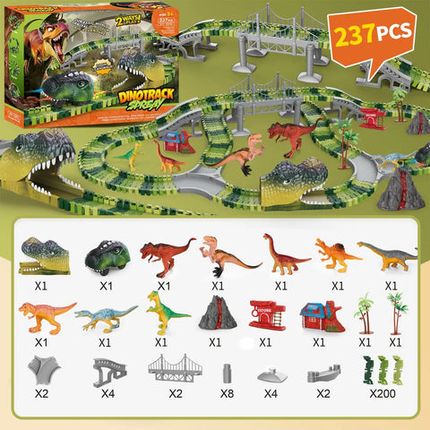 237-piece Ultimate Dinosaur World Race Track Set with 203 flexible tracks, LED Dino car, various dinos, bridges, and decorations