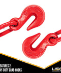 Heavy Duty Load Binders for 1/4 Inch Grade 70 Chain, 3150 Lbs Working Load Limit showing red heavy-duty grab hooks