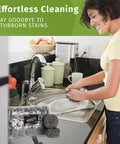 Person using Heavy Duty Stainless Steel Scouring Pads 12 Pack Bulk Cleaning Scrubbers for effective dish cleaning in kitchen.