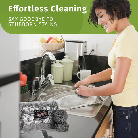 Person using Heavy Duty Stainless Steel Scouring Pads 12 Pack Bulk Cleaning Scrubbers for effective dish cleaning in kitchen.