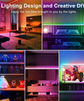 100 Ft RGB LED Strip Lights with remote and app control showcasing vibrant bedroom and TV decor in multiple colors.