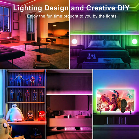 Rooms lit by 100 Ft Bluetooth RGB LED Light Strip Kit With App And Remote Control, vibrant bedroom and living space lighting