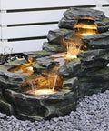Epic 37 Inch Outdoor Floor Standing Five Tier Rock Waterfall Fountain With LED Lights for patio or porch decor, gray rock design.
