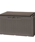 98 Gallon Waterproof Resin Deck Box With Cushion Lockable Outdoor Storage Bench in Deep Brown on white background.