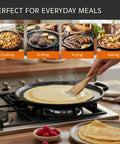 Cast Iron Pizza Pan 14 Inch With Even Heating Rugged Cast Iron Cookware used for cooking crepes on a stove.