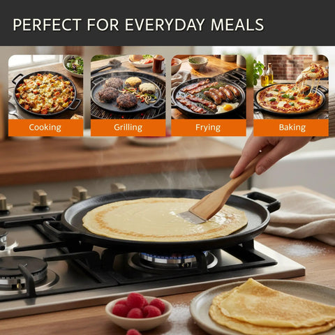 Cast Iron Pizza Pan 14 Inch With Even Heating Rugged Cast Iron Cookware used for cooking crepes on a stove.