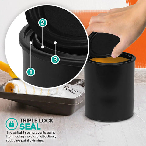 1 Quart Plastic Paint Buckets Pack Of 6 With Triple Lock Airtight Seal to minimize skimming, black container being opened