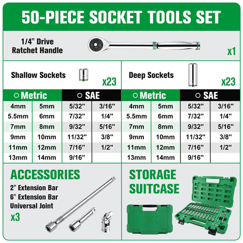 One Quarter Inch Drive Socket Set With 216 Piece Quick Release Ratchet, 50 Piece SAE And Metric Sockets, SuperKrome Finish