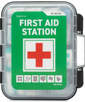 Front view of large wall-mount first aid cabinet with clear case, green label, red cross.