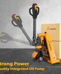 3300Lb Electric Pallet Jack With Li-ion Battery And Split Rocker Arm Forks Measure 48 By 27 Inches for smooth indoor use.