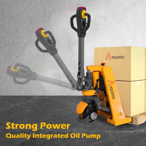 3300Lb Electric Pallet Jack With Li-ion Battery And Split Rocker Arm Forks Measure 48 By 27 Inches for smooth indoor use.