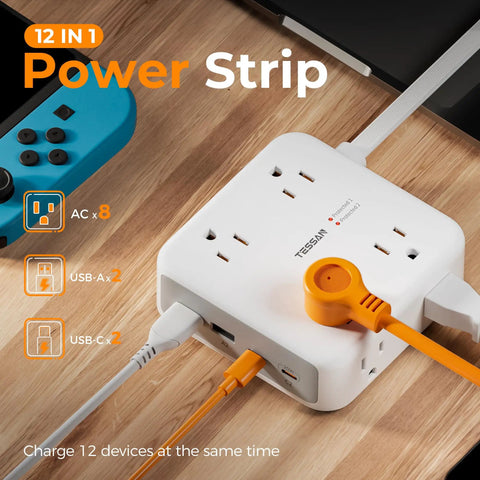 12 In 1 Power Strip With Surge Protection Boasts Eight Ac Outlets And Four Usb Ports Connected To A Five Foot Extension Cord With Flat Head Design.