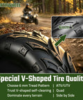 Close-up of Hardcore 145/70-6 All Terrain Tire with 6mm V-shaped tread, ideal for ATV Go Kart Mini Bike on rough trails.