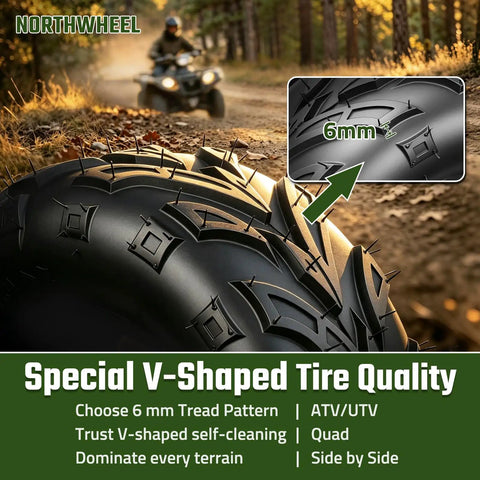 Close-up of Hardcore 145/70-6 All Terrain Tire with 6mm V-shaped tread, ideal for ATV Go Kart Mini Bike on rough trails.