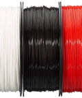 Top Shelf PLA 3D Printer Filament At 1.75mm, Five Pack Assorted Colors, spools of black, red, white, and blue filament.