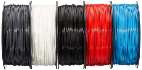 Top Shelf PLA 3D Printer Filament At 1.75mm, Five Pack Assorted Colors, spools of black, red, white, and blue filament.