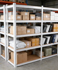 Badass Five Tier Laminated White Metal Shelving Unit For Tight Garages And Basements Holds everything you own, displaying packages on five tiers.