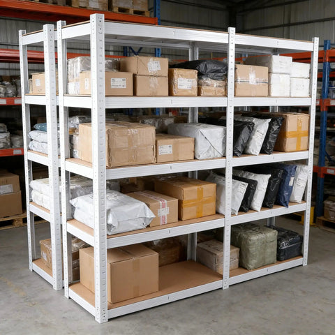 Badass Five Tier Laminated White Metal Shelving Unit For Tight Garages And Basements Holds everything you own, displaying packages on five tiers.