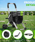 Garden Hose Reel Cart With 150 Feet Of 5/8 Inch Hose, Aluminum Frame on grass, showing rust resistant reel and crank handle