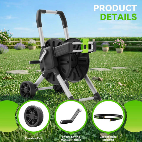Garden Hose Reel Cart With 150 Feet Of 5/8 Inch Hose, Aluminum Frame on grass, showing rust resistant reel and crank handle