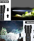 Ultra Bright USB Rechargeable LED Flashlight 2 Pack with narrow and wide beam modes shown lighting outdoor area