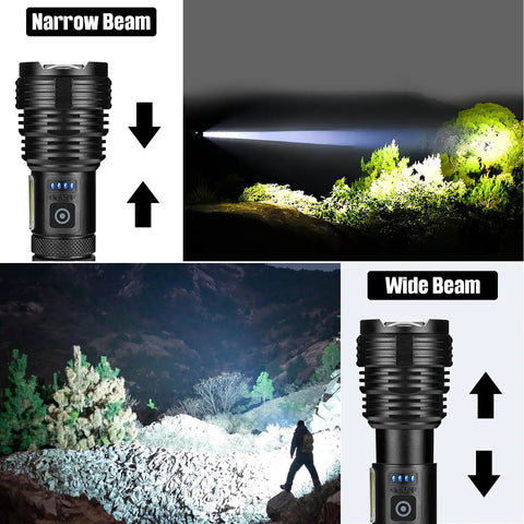 Ultra Bright USB Rechargeable LED Flashlight 2 Pack with narrow and wide beam modes shown lighting outdoor area