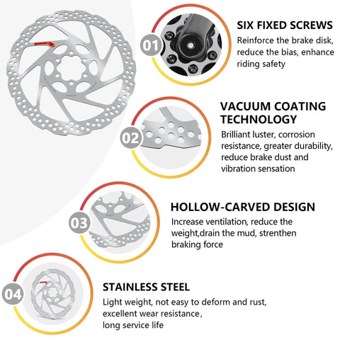 Infographic showing features of 160mm Disc Brake Rotor With 6 Bolts for MTB Road BMX Bikes Vacuum Coating 44mm Center Hole 1.8mm Thick