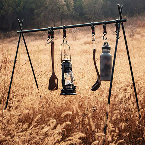 Portable Aluminum Camping Storage Hook Rack with Six Hooks Foldable Tripod Design for Mountaineering and BBQ Tools