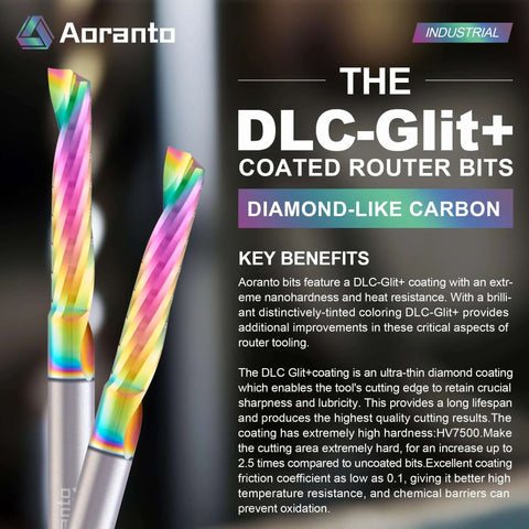 Two Aoranto DLC-Glit+ coated CNC router bits with rainbow diamond-like coating (front view).