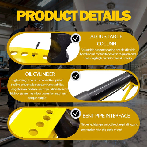Heavy Duty Manual Hydraulic Pipe Bender With 20 Ton Force Quick Release Tubing Roller For Steel And Copper Fits Standard Tubing Sizes detailed view of adjustable column, oil cylinder, and bent pipe interface.