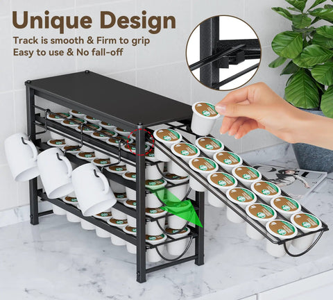 5 Tier Metal Coffee Pod Organizer Drawer Holds 70 K Cups, Countertop Storage For Home Office Or Cafe, Black Pod Holder With 3 Cup Rack