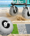 Close-up of Beach Wagon With Balloon Wheels For Sand, Extra Large 200L Cargo Cart wheels, showing 9 inch tires on sand.