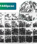 1440 Piece Black Micro Screw Assortment Kit For Laptops And Gaming Rigs With M1 2 M1 4 M1 7 And M2 Phillips Flat Countersunk Fasteners laid out in organized compartments.