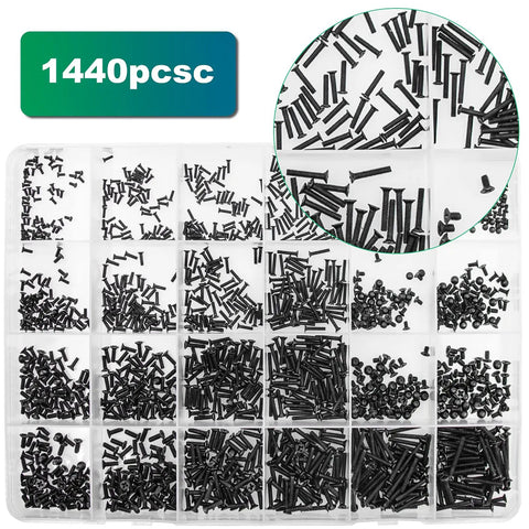 1440 Piece Black Micro Screw Assortment Kit For Laptops And Gaming Rigs With M1 2 M1 4 M1 7 And M2 Phillips Flat Countersunk Fasteners laid out in organized compartments.