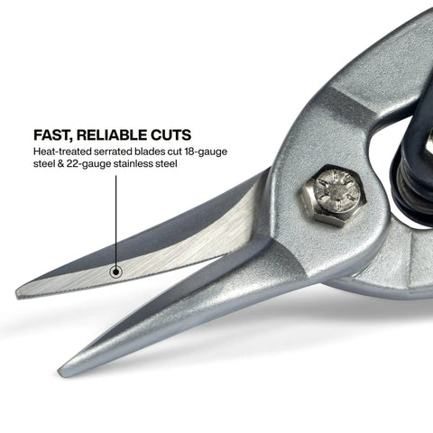 Straight Cut Metal Snips For Sheet Metal Aviation Snips With Serrated Heat Treated Blades Cut 18 Gauge Steel And 22 Gauge Heavy Duty Pro Grade For DIY And Pros