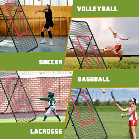 Adjustable 7x4 Ft Volleyball Rebounder Net For Backyard Training And Multi Sport Practice showing use in various sports