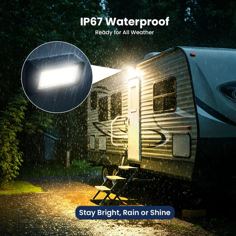 Aluminum RV Porch Light With Dual Color White And Amber, 1400 Lumen Outdoor Lamp illuminating camper entryway