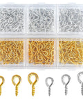 400Pcs Small Screw Eye Pins Set with mini eye hooks, threaded eyelet screws in silver and gold for jewelry making and crafts